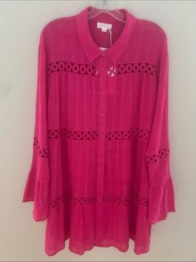 NWT Ibiza Anne Cole Raspberry Sorbet Swim Cover-Up Tunic XL Eyelet Lace Boho